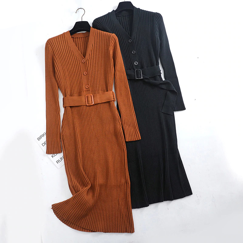 Button Down Women's Sweater Dress with Belt
