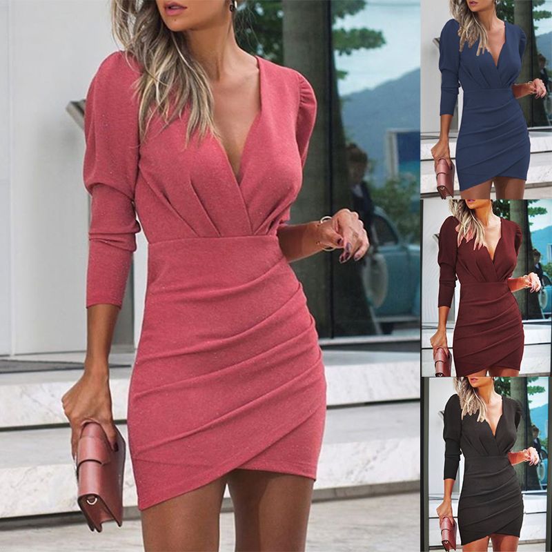 Women's Slim Mini Dress with V-Neck and Long Sleeves