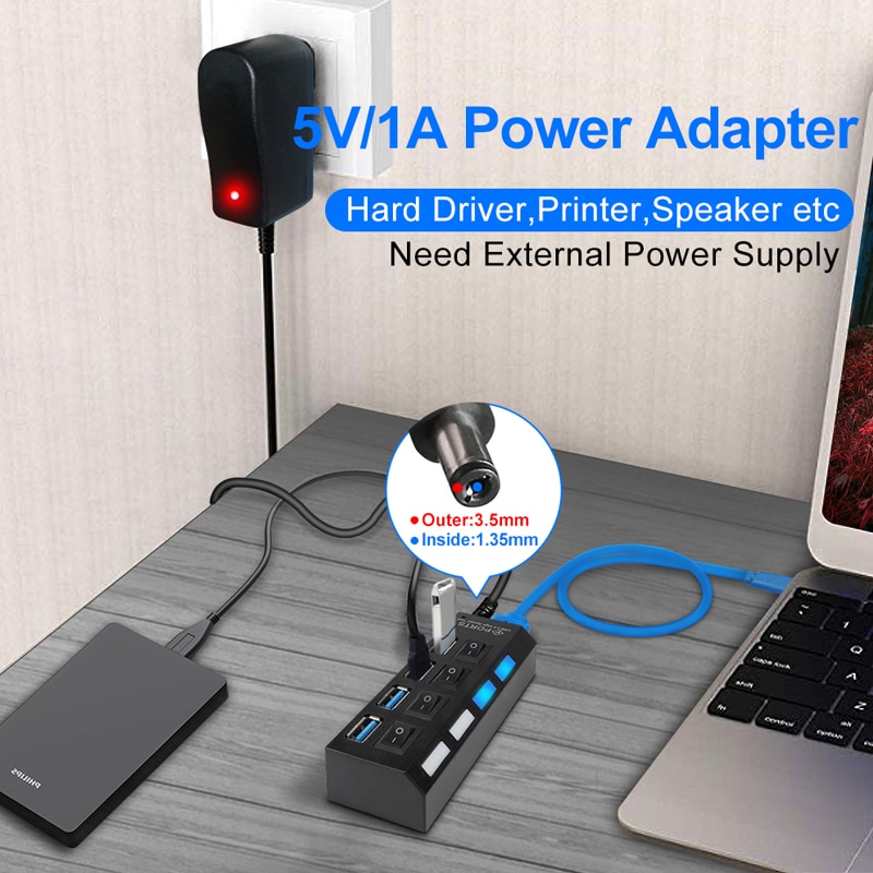 4 / 7 Port USB Splitter with Power Adapter