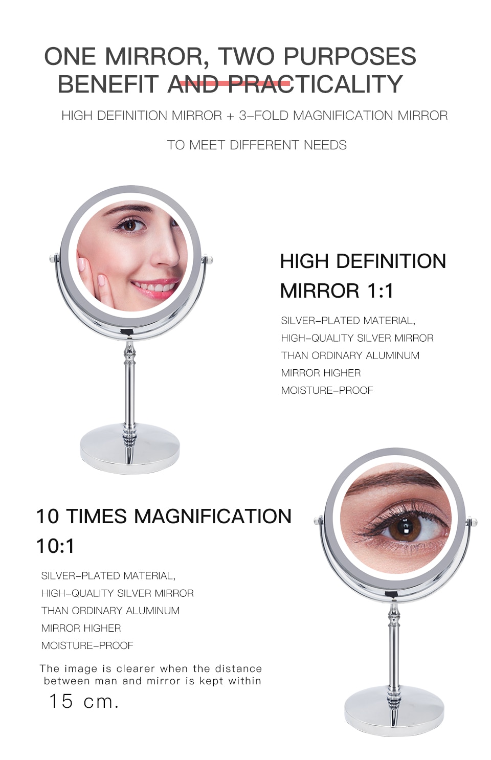 10X Magnifying Rotatable Double Sided Makeup Mirror with LED Light