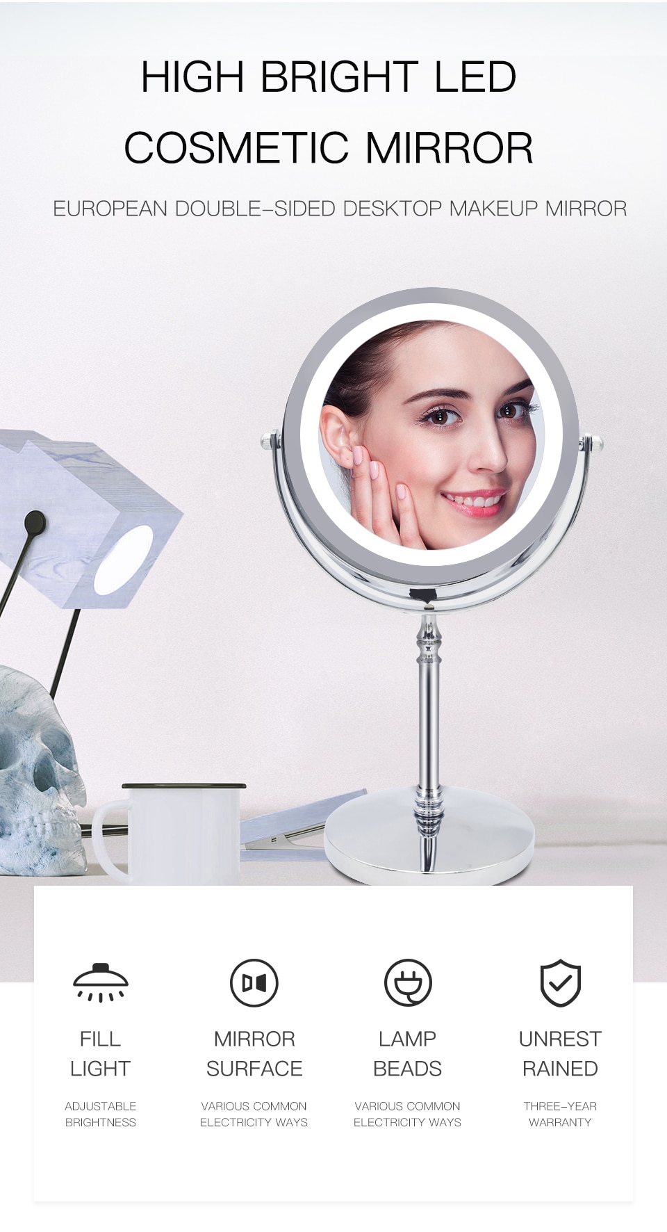 10X Magnifying Rotatable Double Sided Makeup Mirror with LED Light